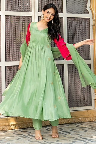 Sage Green Upada Silk Embroidered Anarkali Set by House Of Jamoti