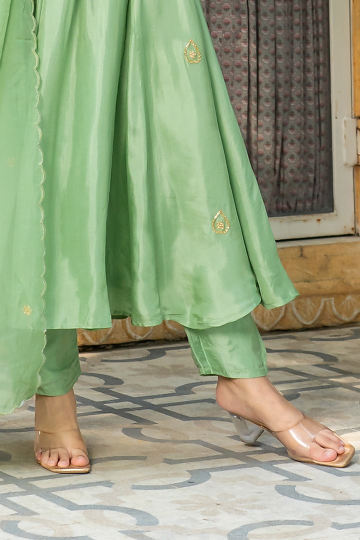 Sage Green Upada Silk Embroidered Anarkali Set by House Of Jamoti at Pernia's Pop Up Shop