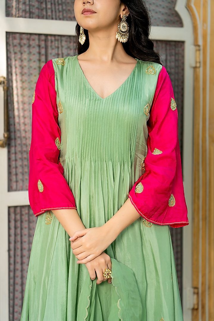 Sage Green Upada Silk Embroidered Anarkali Set by House Of Jamoti at Pernia's Pop Up Shop