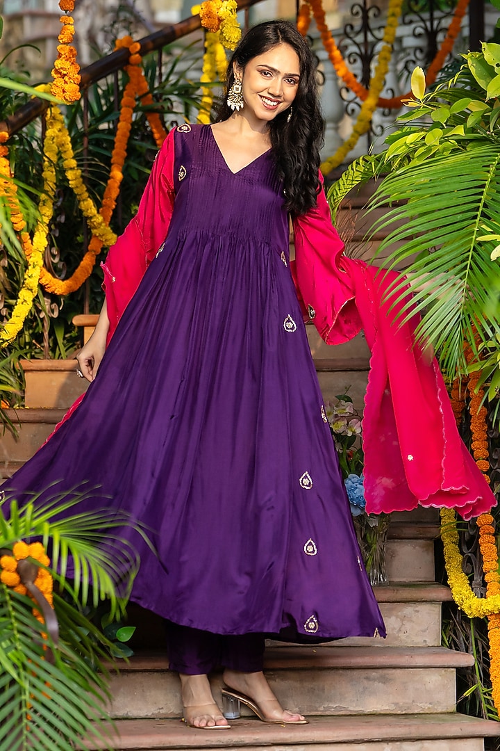 Deep Purple Upada Silk Embroidered Anarkali Set by House Of Jamoti at Pernia's Pop Up Shop