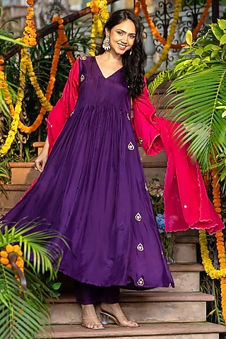 Deep Purple Upada Silk Embroidered Anarkali Set by House Of Jamoti