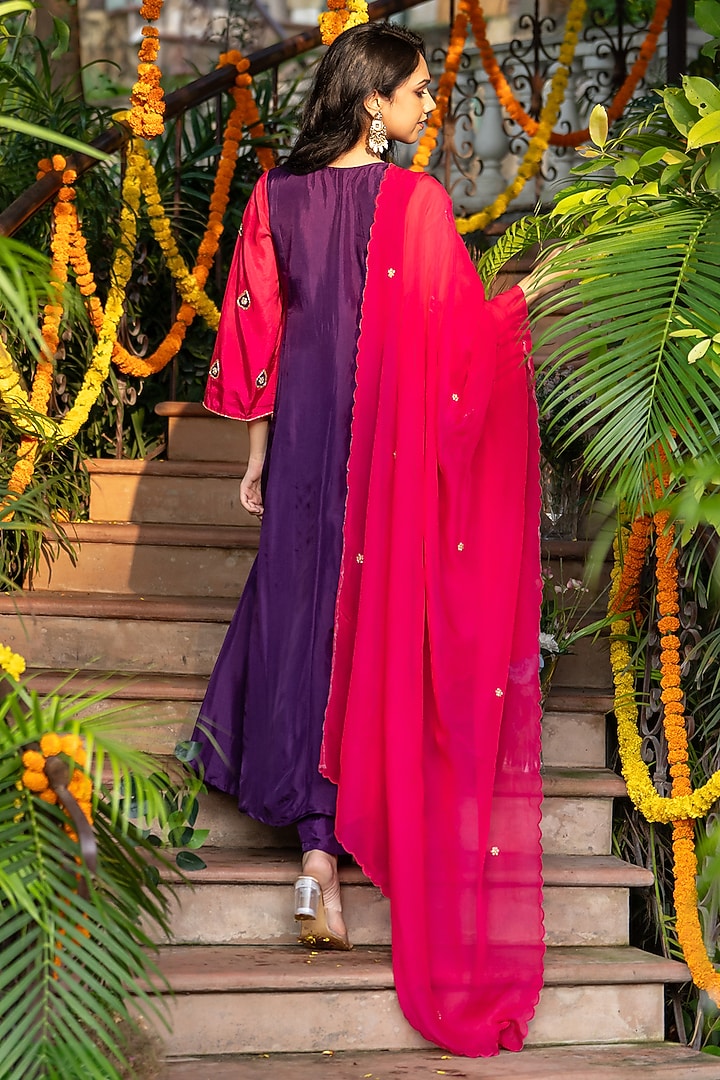 Deep Purple Upada Silk Embroidered Anarkali Set by House Of Jamoti at Pernia's Pop Up Shop