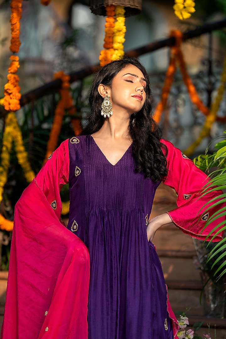 Deep Purple Upada Silk Embroidered Anarkali Set by House Of Jamoti at Pernia's Pop Up Shop