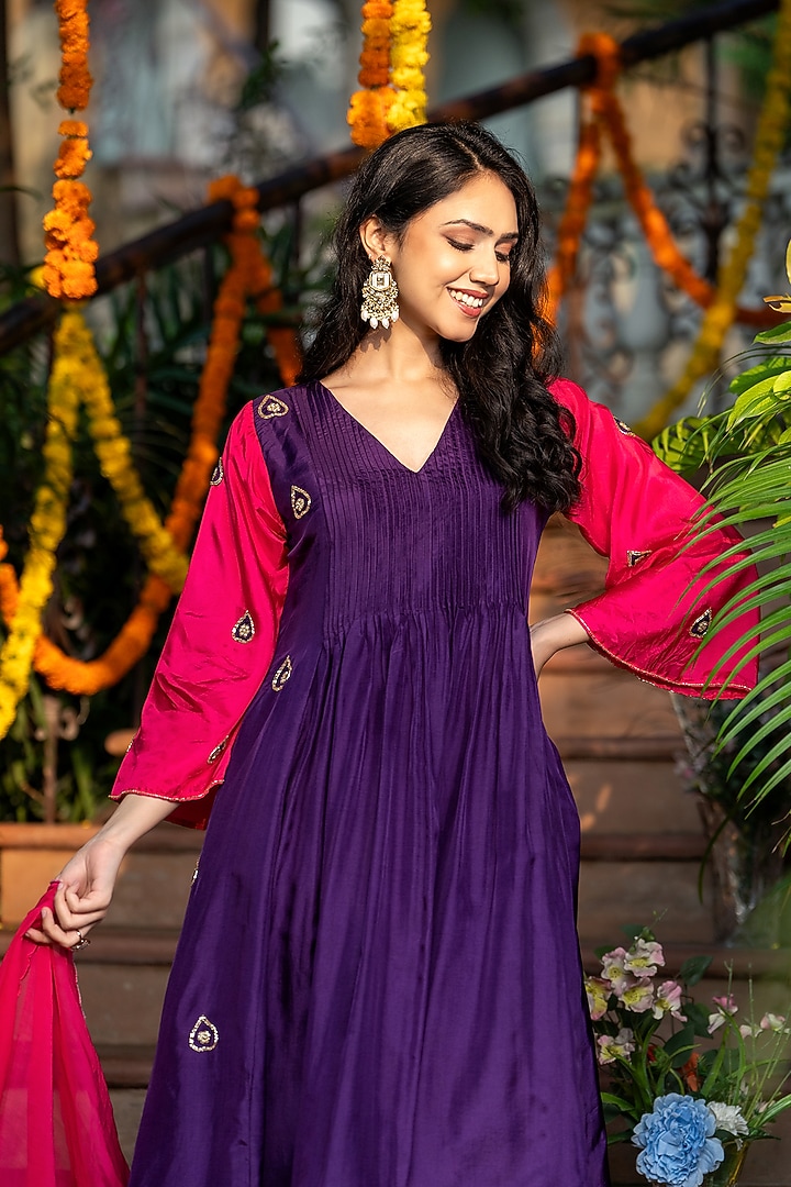 Deep Purple Upada Silk Embroidered Anarkali Set by House Of Jamoti at Pernia's Pop Up Shop