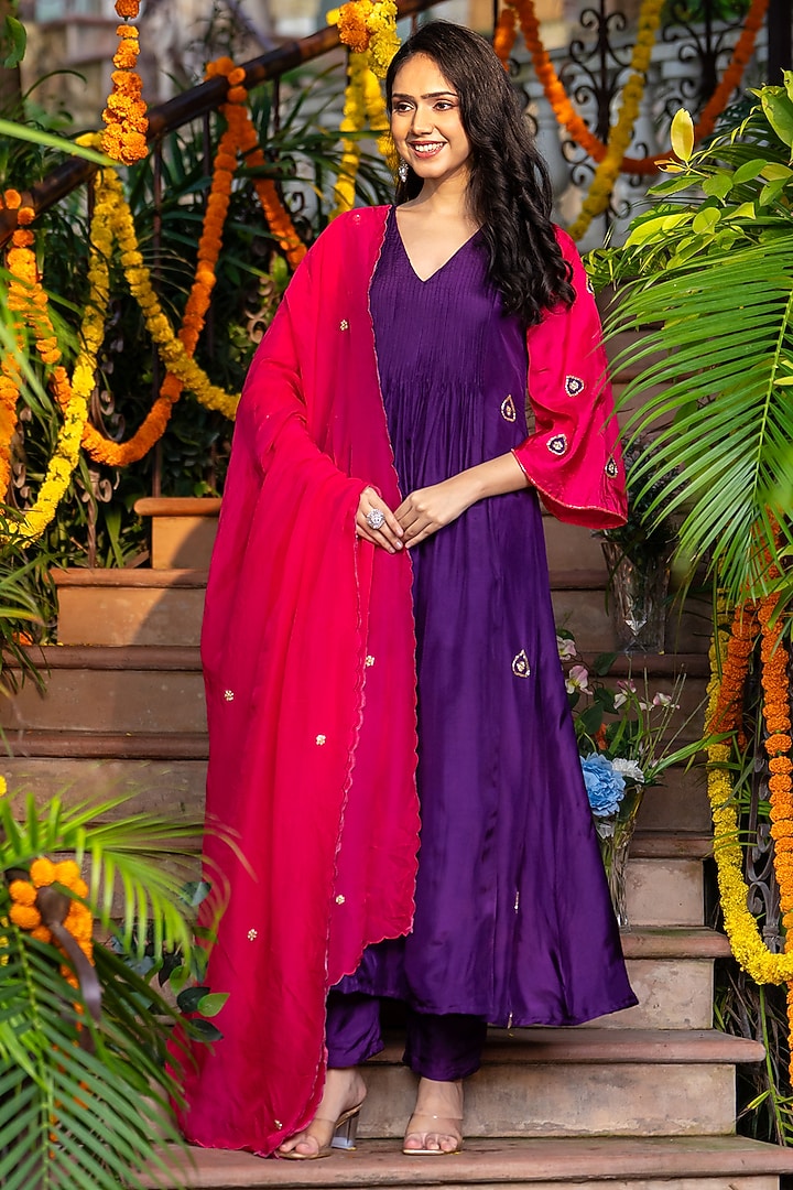 Deep Purple Upada Silk Embroidered Anarkali Set by House Of Jamoti at Pernia's Pop Up Shop
