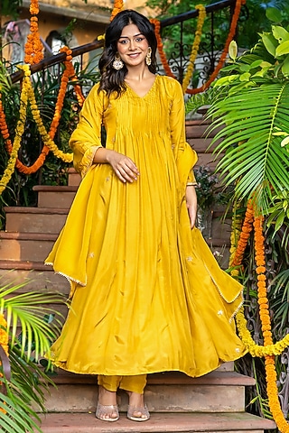 Mustard Upada Silk Embroidered Anarkali Set by House Of Jamoti