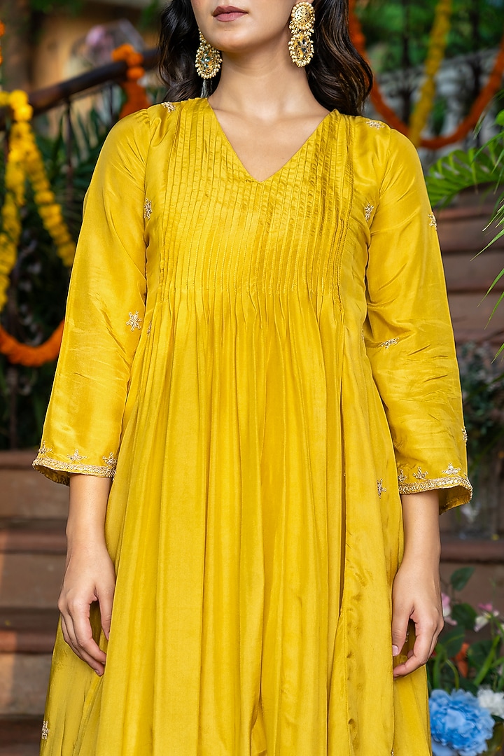 Mustard Upada Silk Embroidered Anarkali Set by House Of Jamoti at Pernia's Pop Up Shop