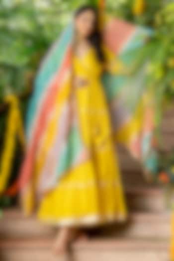 Yellow Upada Silk Angrakha Anarkali Set by House Of Jamoti at Pernia's Pop Up Shop