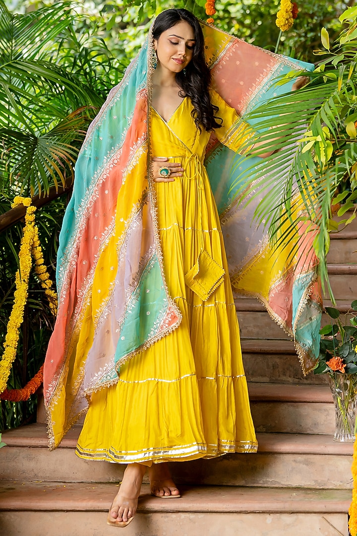 Yellow Upada Silk Angrakha Anarkali Set by House Of Jamoti at Pernia's Pop Up Shop