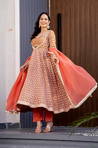 Brown Silk Embroidered Anarkali Set by House Of Jamoti