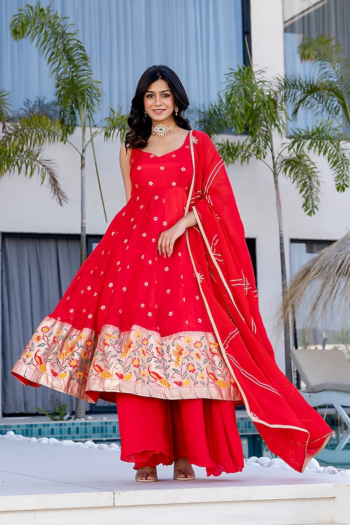 Red Silk Embroidered Anarkali Set by House Of Jamoti at Pernia's Pop Up Shop