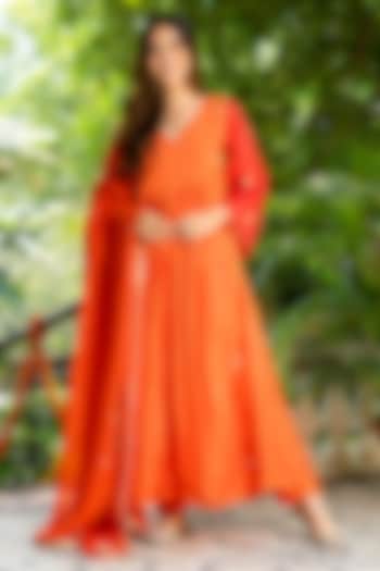 Orange Upada Silk Embroidered Anarkali Set by House Of Jamoti at Pernia's Pop Up Shop