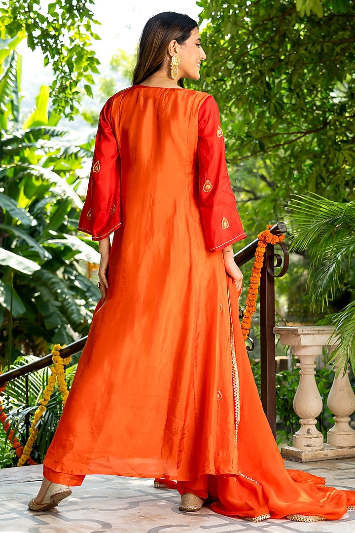 Orange Upada Silk Embroidered Anarkali Set by House Of Jamoti at Pernia's Pop Up Shop