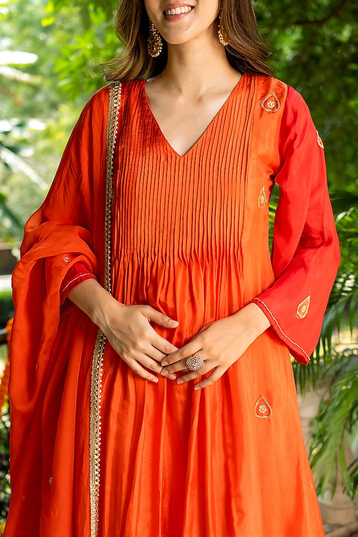 Orange Upada Silk Embroidered Anarkali Set by House Of Jamoti at Pernia's Pop Up Shop