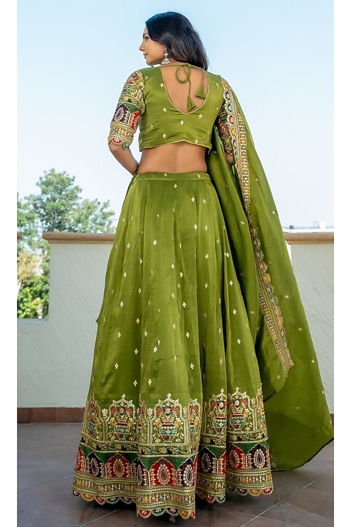 Green Tissue Sequins Embroidered Lehenga Set by House Of Jamoti at Pernia's Pop Up Shop