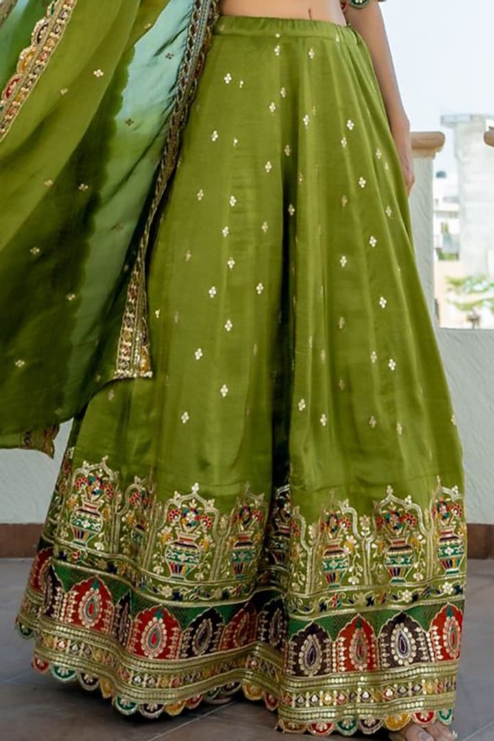 Green Tissue Sequins Embroidered Lehenga Set by House Of Jamoti at Pernia's Pop Up Shop