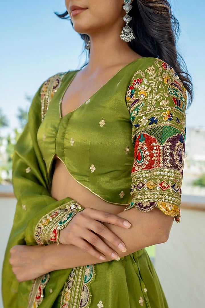 Green Tissue Sequins Embroidered Lehenga Set by House Of Jamoti at Pernia's Pop Up Shop