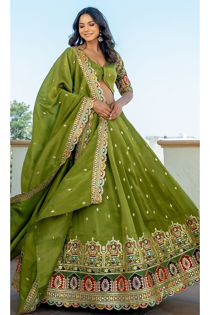 Green Tissue Sequins Embroidered Lehenga Set by House Of Jamoti at Pernia's Pop Up Shop