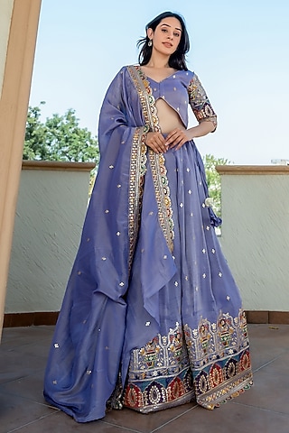 Purple Tissue Sequins Embroidered Lehenga Set by House Of Jamoti