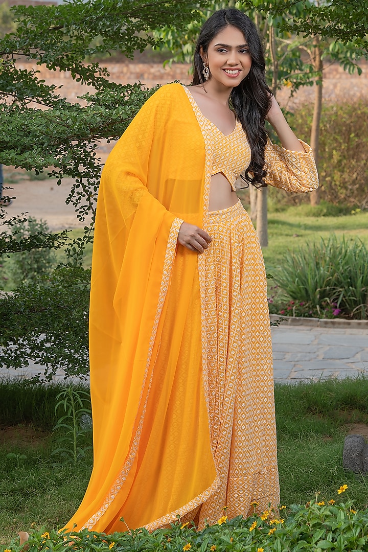 Yellow Georgette Chikankari Lehenga Set Design by House Of Jamoti at ...