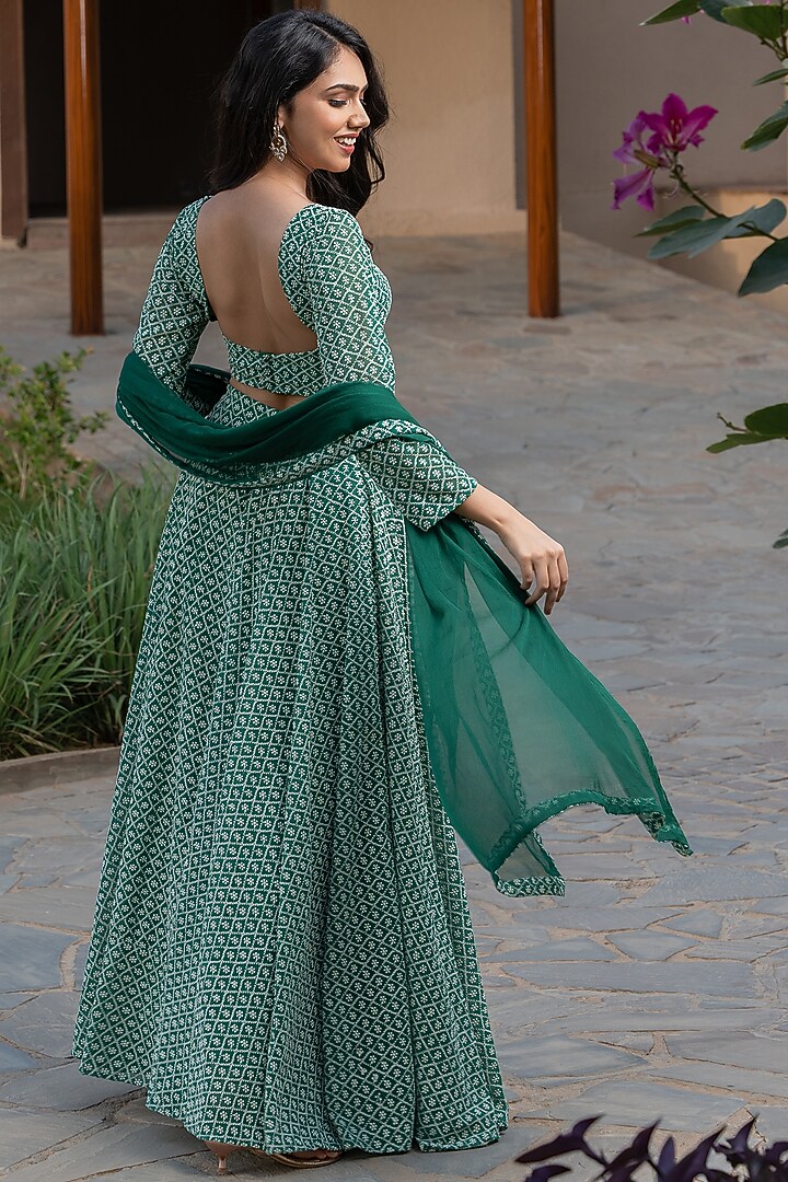 Green Georgette Chikankari Lehenga Set by House Of Jamoti at Pernia's Pop Up Shop