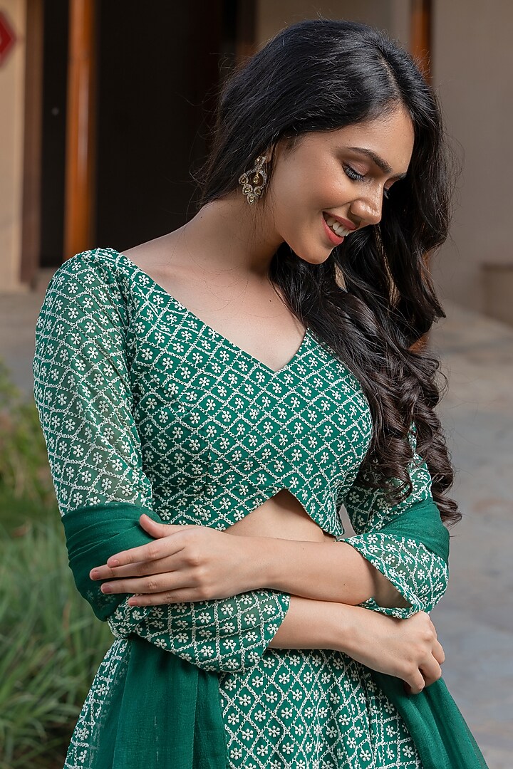 Green Georgette Chikankari Lehenga Set by House Of Jamoti at Pernia's Pop Up Shop