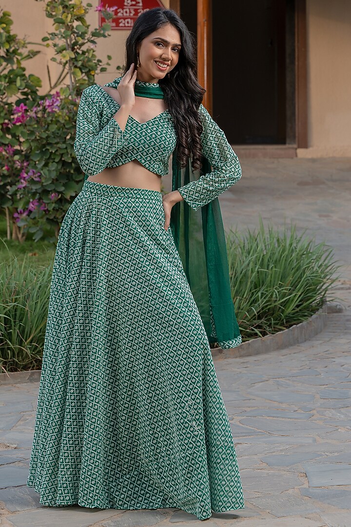 Green Georgette Chikankari Lehenga Set by House Of Jamoti at Pernia's Pop Up Shop