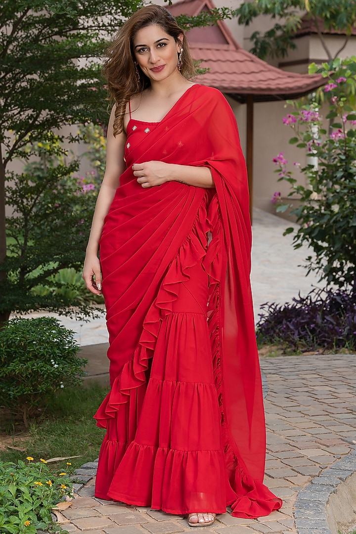 Red Georgette Ruffled Sharara Saree Set by House Of Jamoti at Pernia's Pop Up Shop