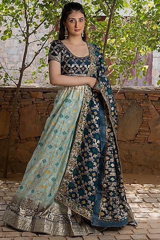 Blue Brocade Banarasi Lehenga Set by House Of Jamoti