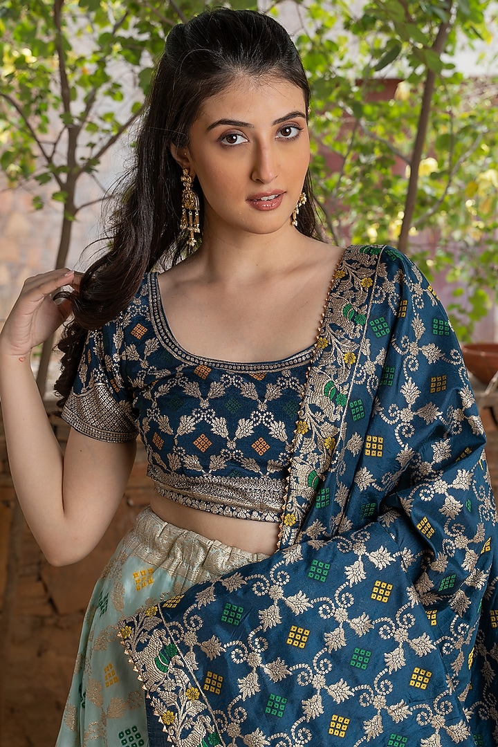 Blue Brocade Banarasi Lehenga Set by House Of Jamoti at Pernia's Pop Up Shop