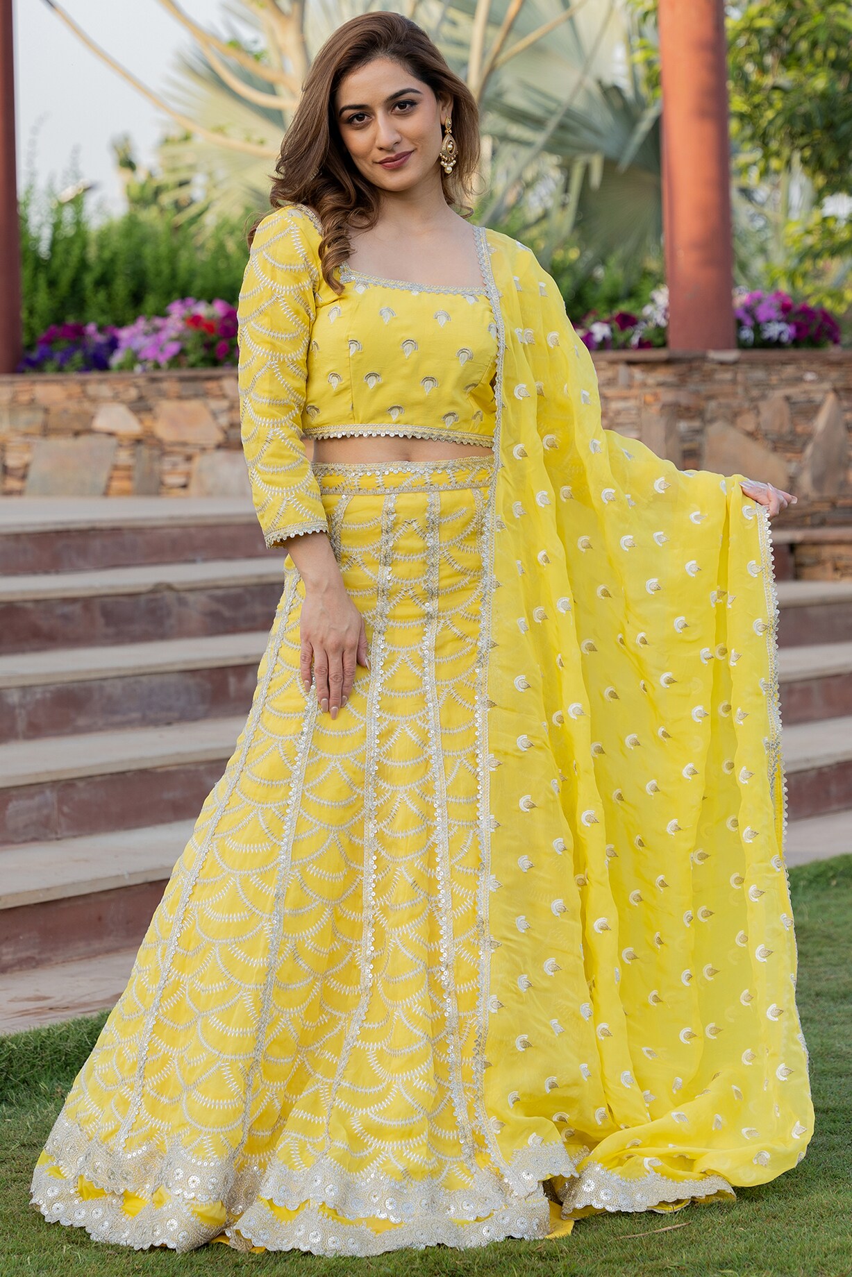 Buy Yellow Crush Lehenga And A Crop Top In Moti Embroidery, Crop