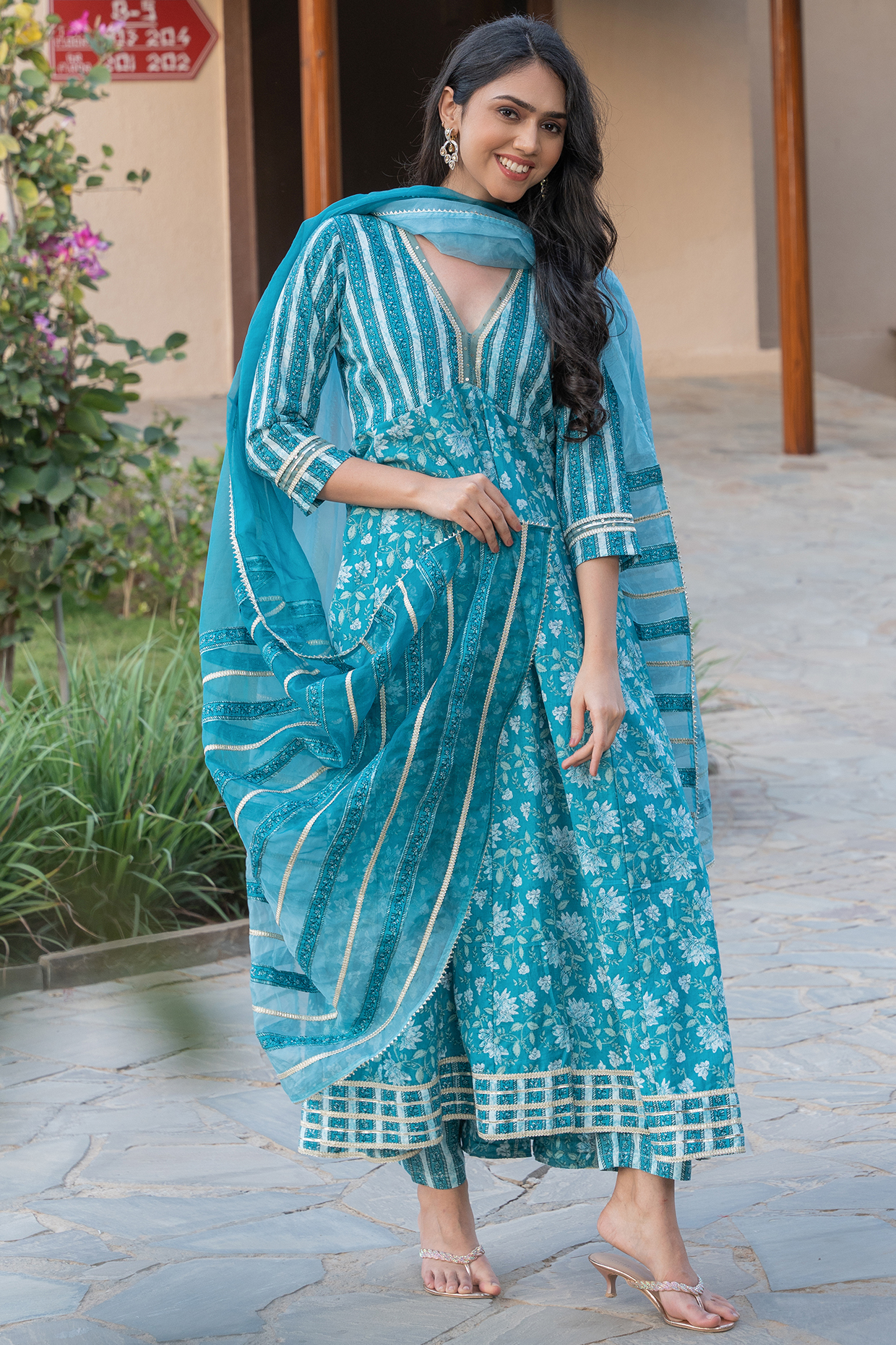 Sky Blue Cotton Printed & Embroidered Anarkali Set by House Of Jamoti