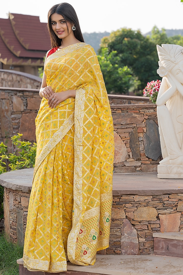 Golden Yellow Chinon Embroidered Saree by House Of Jamoti