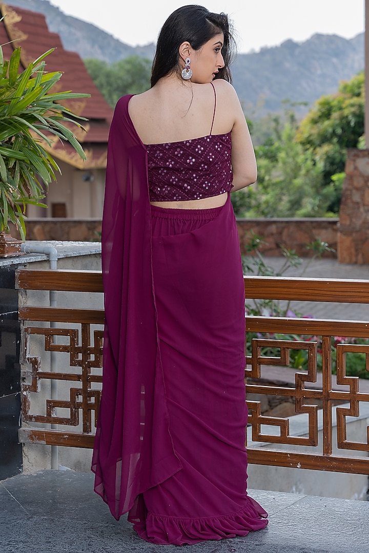 Wine Georgette Ruffled Sharara Saree Set by House Of Jamoti at Pernia's Pop Up Shop