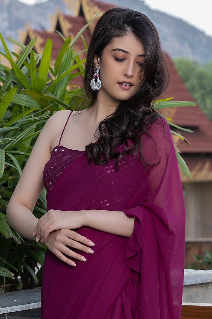 Wine Georgette Ruffled Sharara Saree Set by House Of Jamoti at Pernia's Pop Up Shop