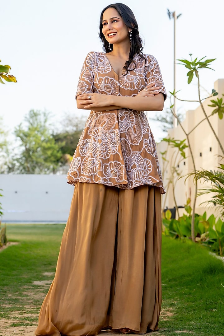 Beige Chinon Bead Embroidered Co-Ord Set by House Of Jamoti at Pernia's Pop Up Shop