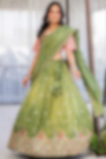 Green Tissue Floral Embroidered Lehenga Set by House Of Jamoti at Pernia's Pop Up Shop