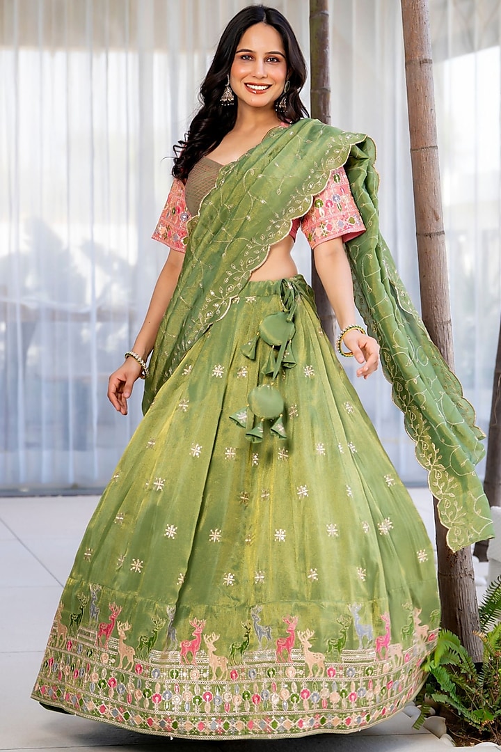 Green Tissue Floral Embroidered Lehenga Set by House Of Jamoti at Pernia's Pop Up Shop