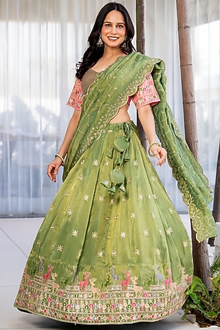 Green Tissue Floral Embroidered Lehenga Set by House Of Jamoti
