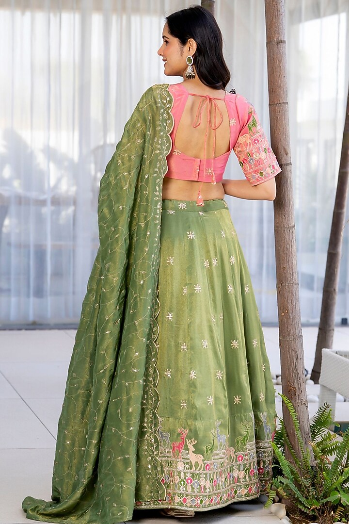Green Tissue Floral Embroidered Lehenga Set by House Of Jamoti at Pernia's Pop Up Shop