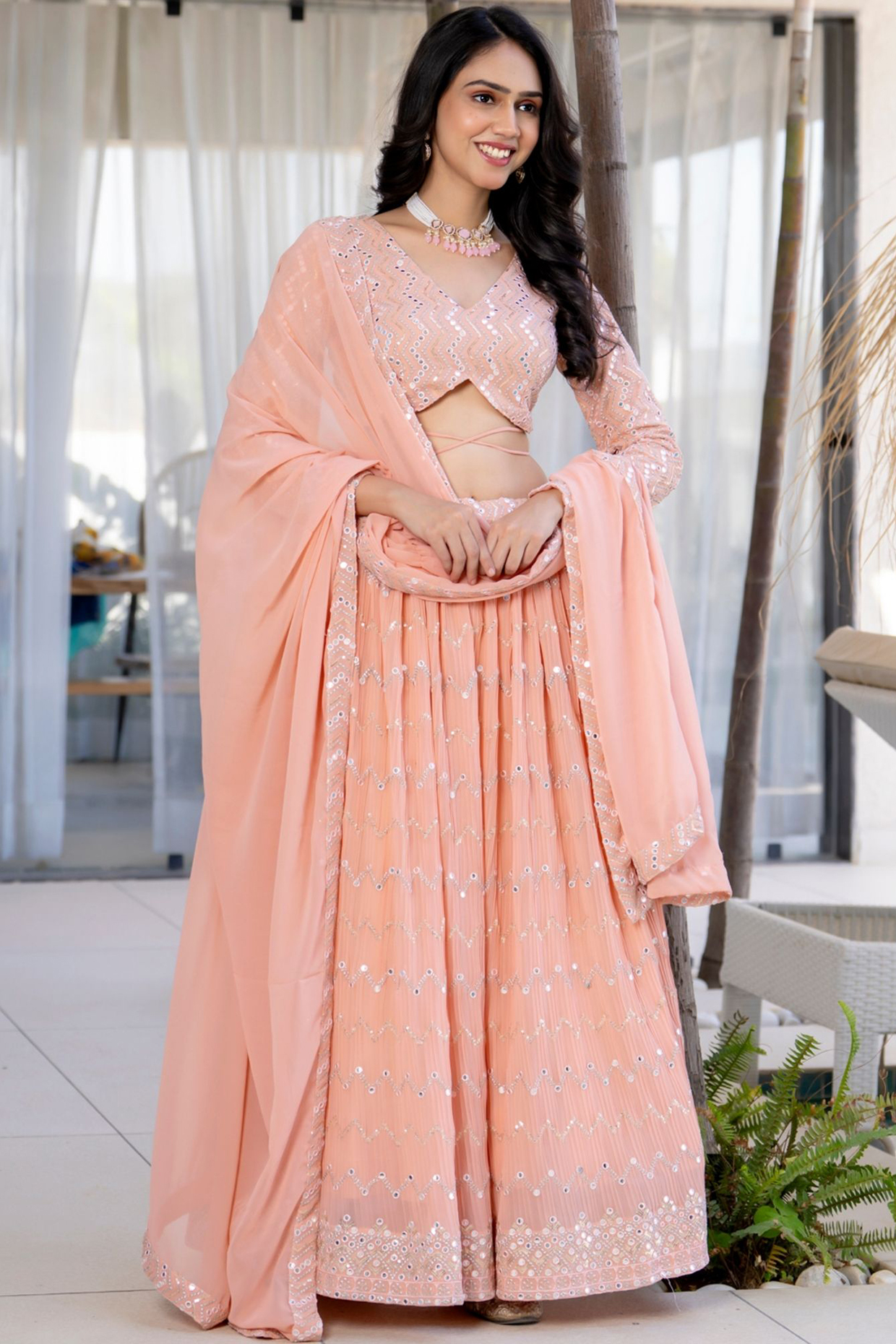 Peach Georgette Mirror Work Lehenga Set by House Of Jamoti at Pernia's Pop Up Shop