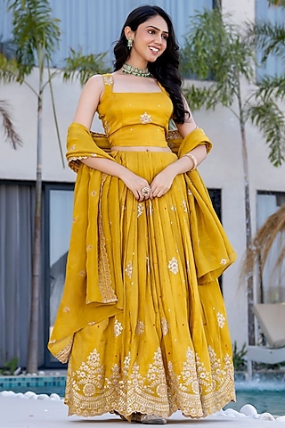 Mustard Yellow Tissue Scalloped Embroidered Lehenga Set by House Of Jamoti