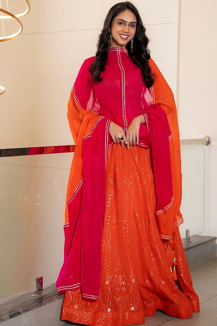 Orange Muslin & Organza Embellished Lehenga Set by House Of Jamoti at Pernia's Pop Up Shop
