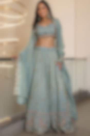 Sage Green Tissue Embroidered Lehenga Set by House Of Jamoti at Pernia's Pop Up Shop