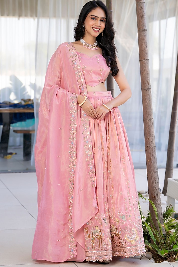 Pastel Pink Tissue Embroidered Lehenga Set by House Of Jamoti at Pernia's Pop Up Shop