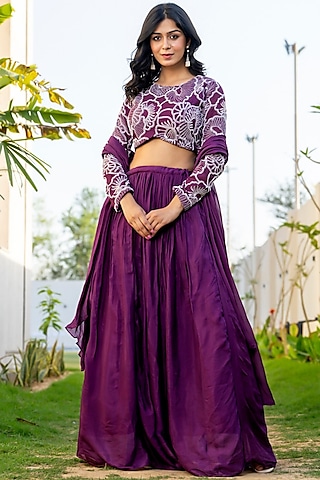 Wine Chinon & Organza Lehenga Set by House Of Jamoti