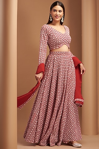 Red Georgette Chikankari Embroidered Lehenga Set by House Of Jamoti