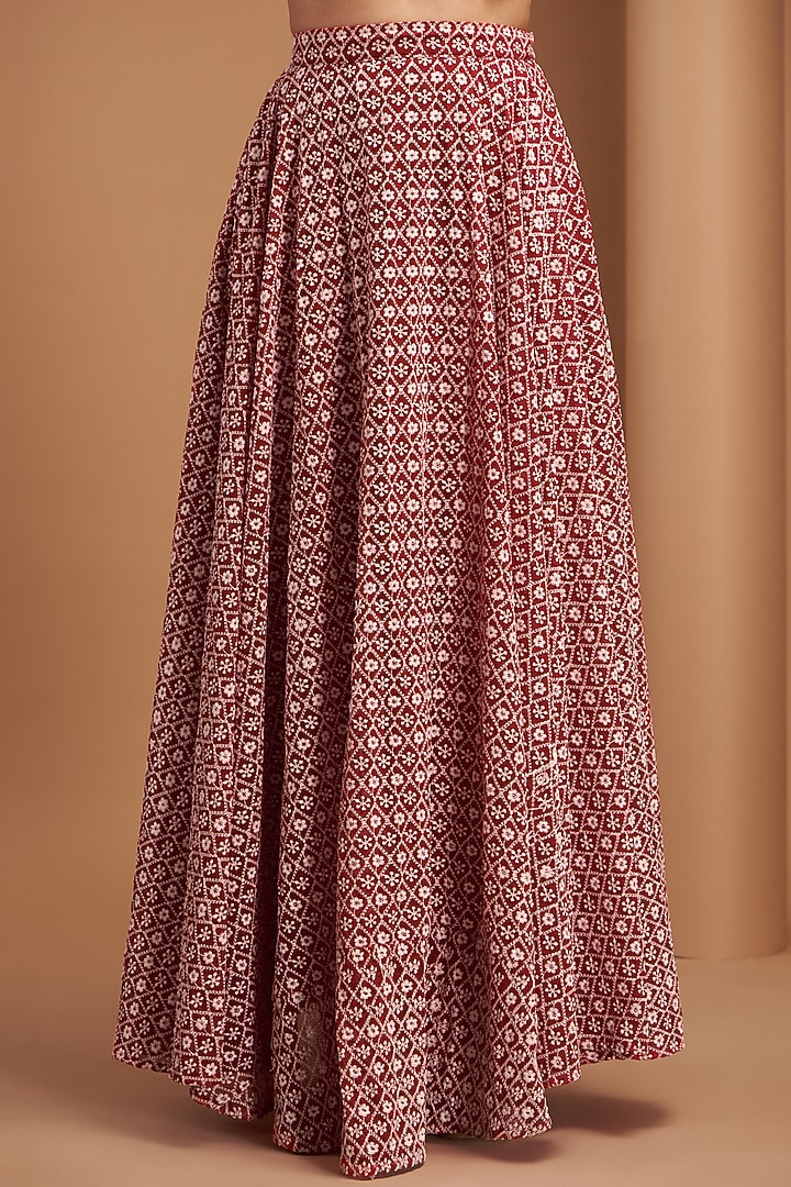 Red Georgette Chikankari Embroidered Lehenga Set by House Of Jamoti at Pernia's Pop Up Shop