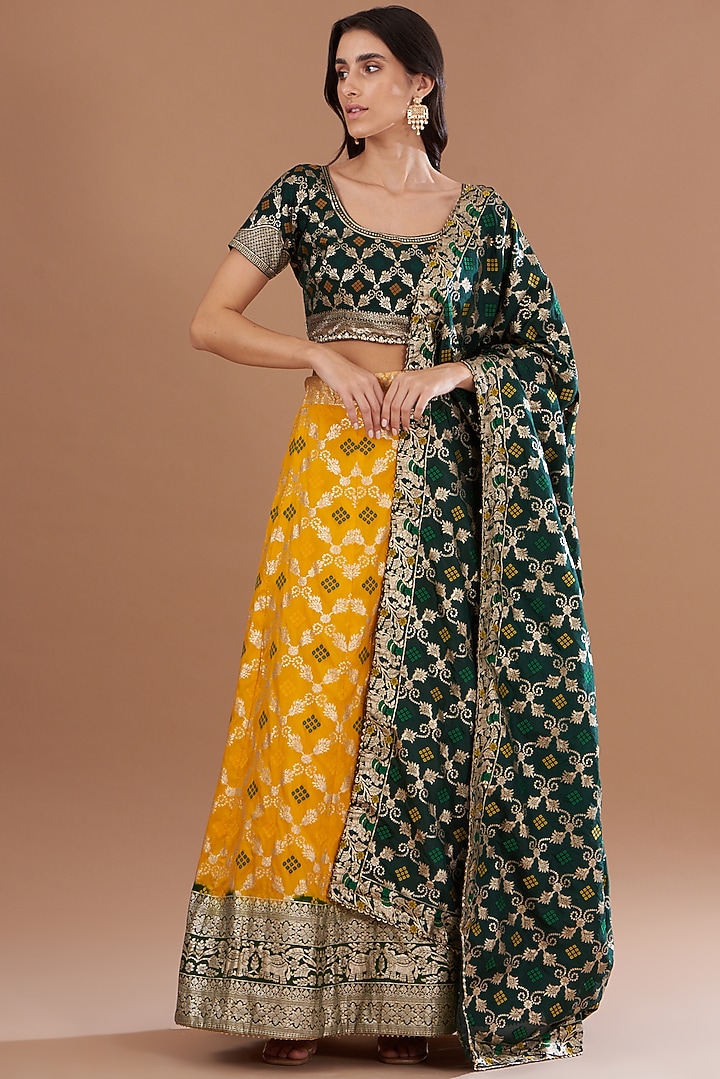 Yellow Brocade Embellished Banarasi Lehenga Set by House Of Jamoti at Pernia's Pop Up Shop