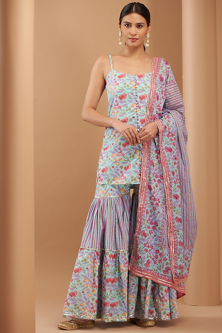 Purple Cotton Floral Printed Sharara Set by House Of Jamoti